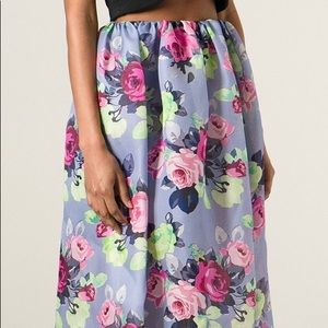 Carven Floral Print Woven Silk Midi Skirt